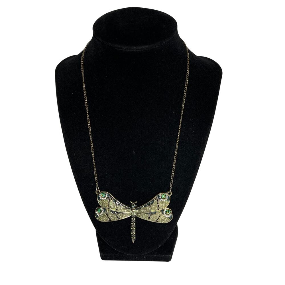 Dragonfly Pendant Necklace Green Gold Tone Rhinestone Statement 18in